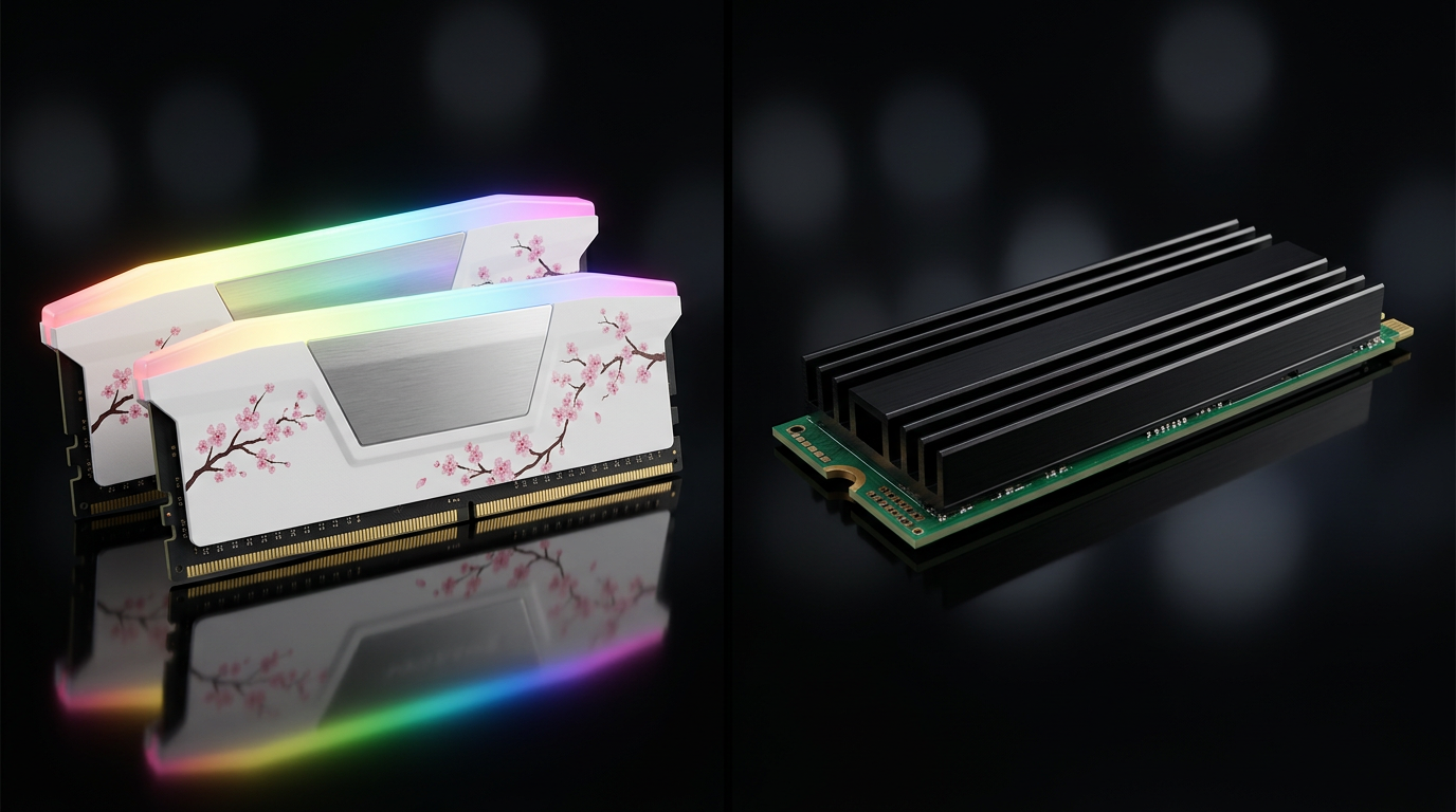 White DDR5 RAM with RGB light bar and M.2 NVMe SSD with heatsink on reflective surface