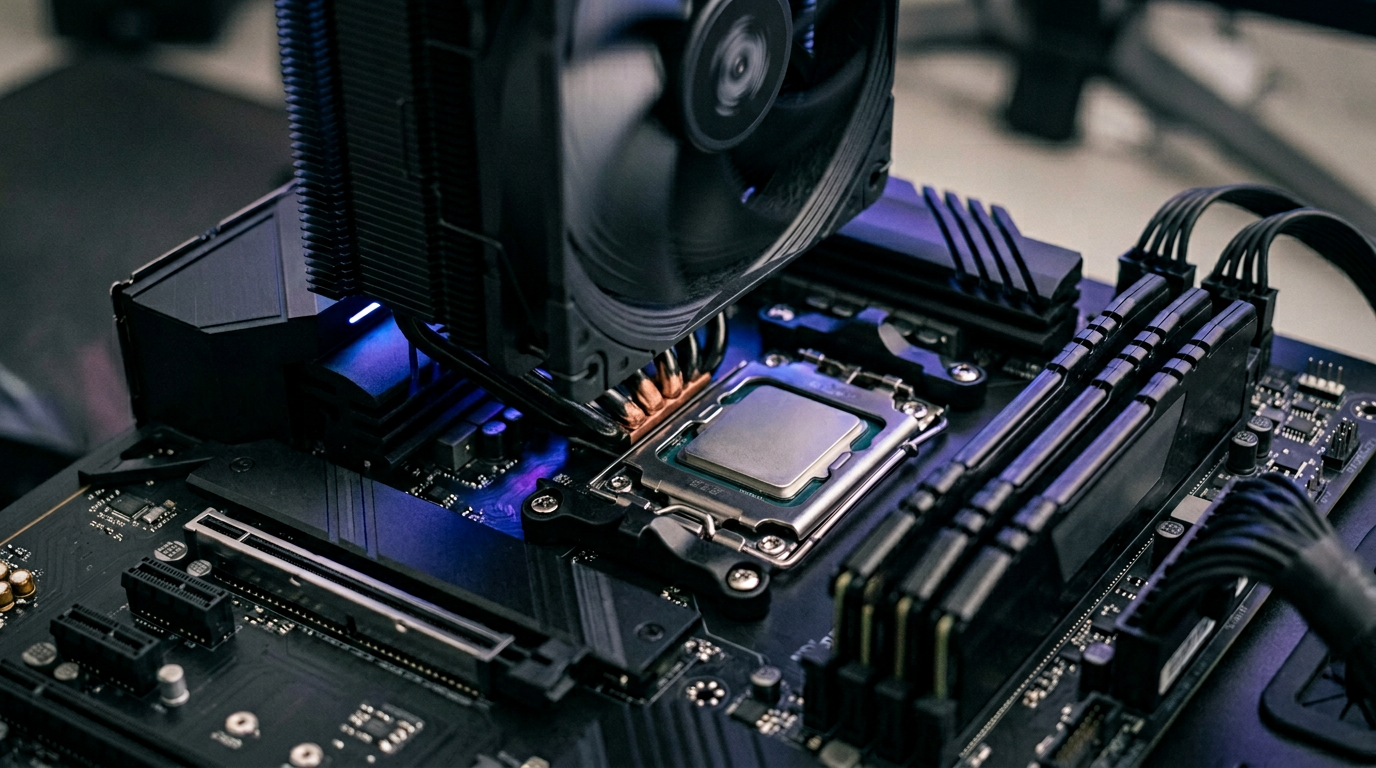 Desktop CPU on motherboard with tower cooler, gaming and productivity