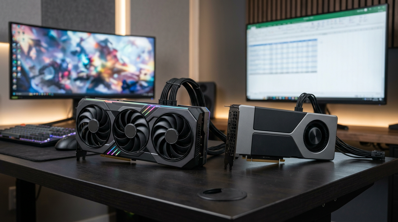 Gaming graphics card and workstation-style GPU with work monitor, play and productivity