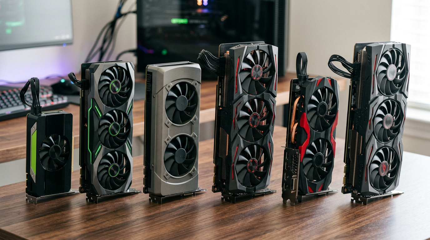 Mixed lineup of gaming graphics cards: NVIDIA and AMD models from different generations