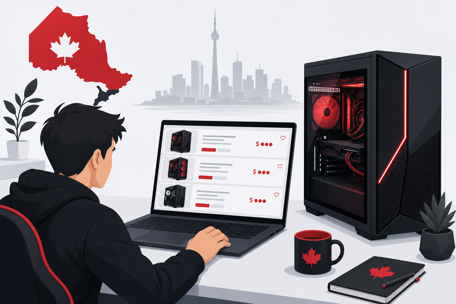 Person reviewing gaming PC marketplace prices on a laptop beside a desktop tower