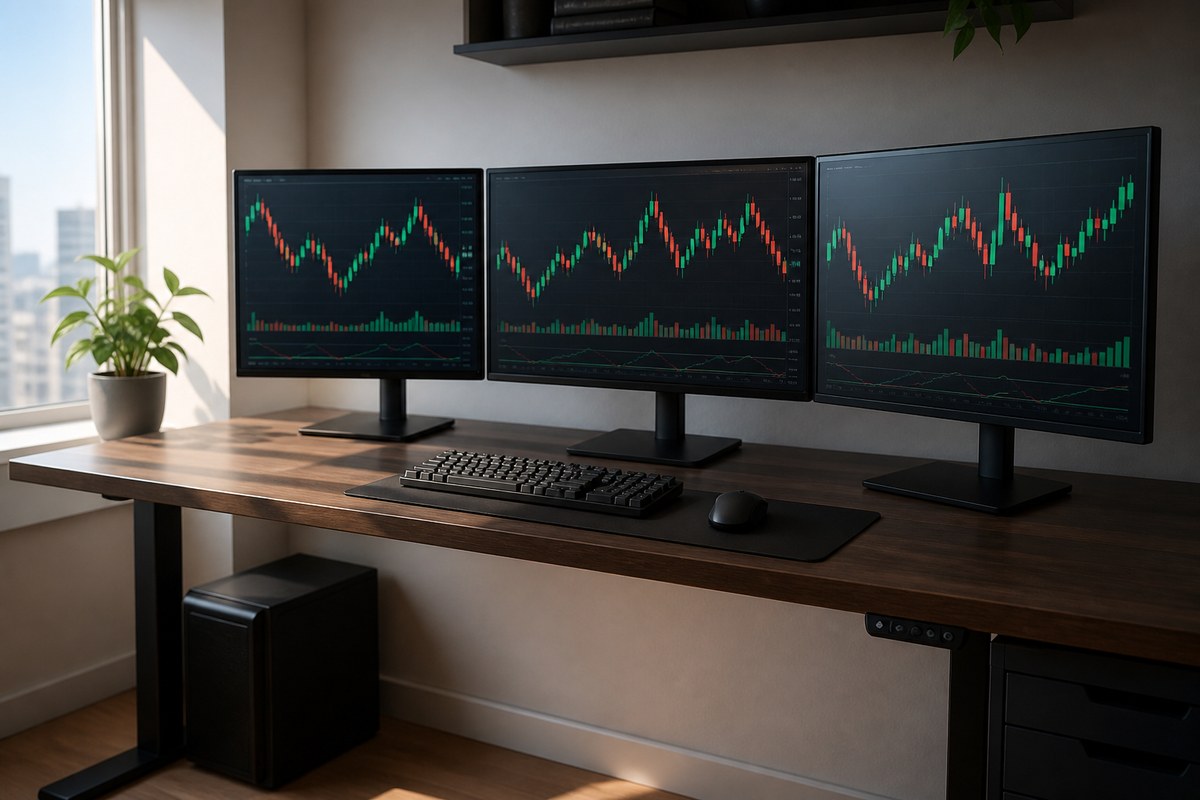 Three-monitor trading desk with a compact PC underneath