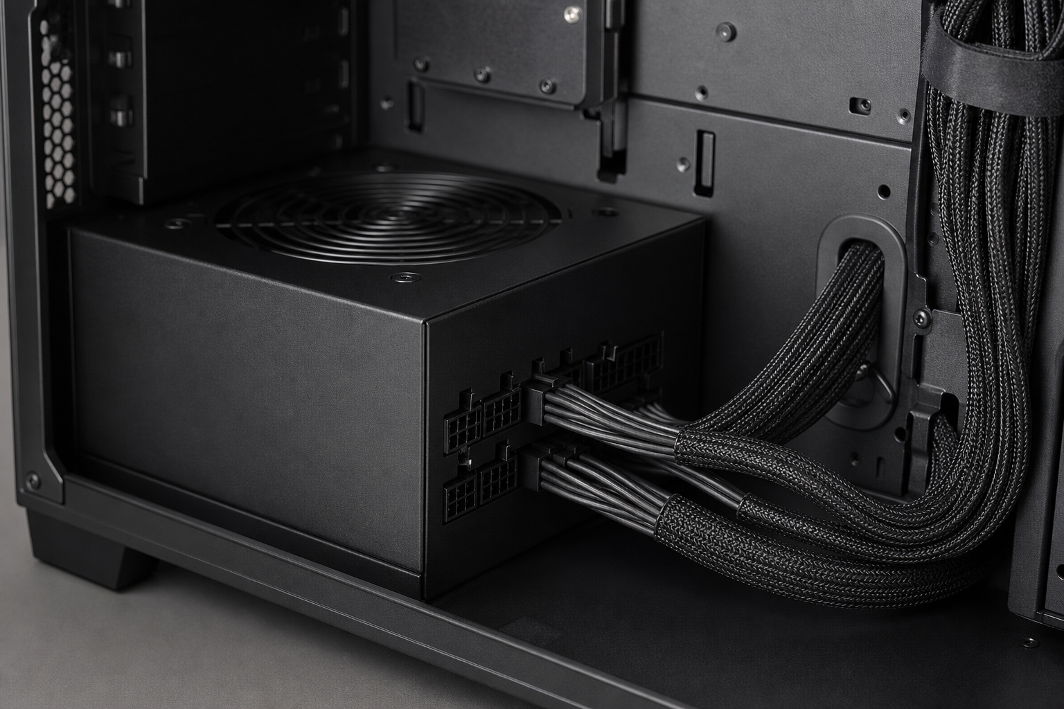 Modular power supply and braided cables inside a clean gaming PC case