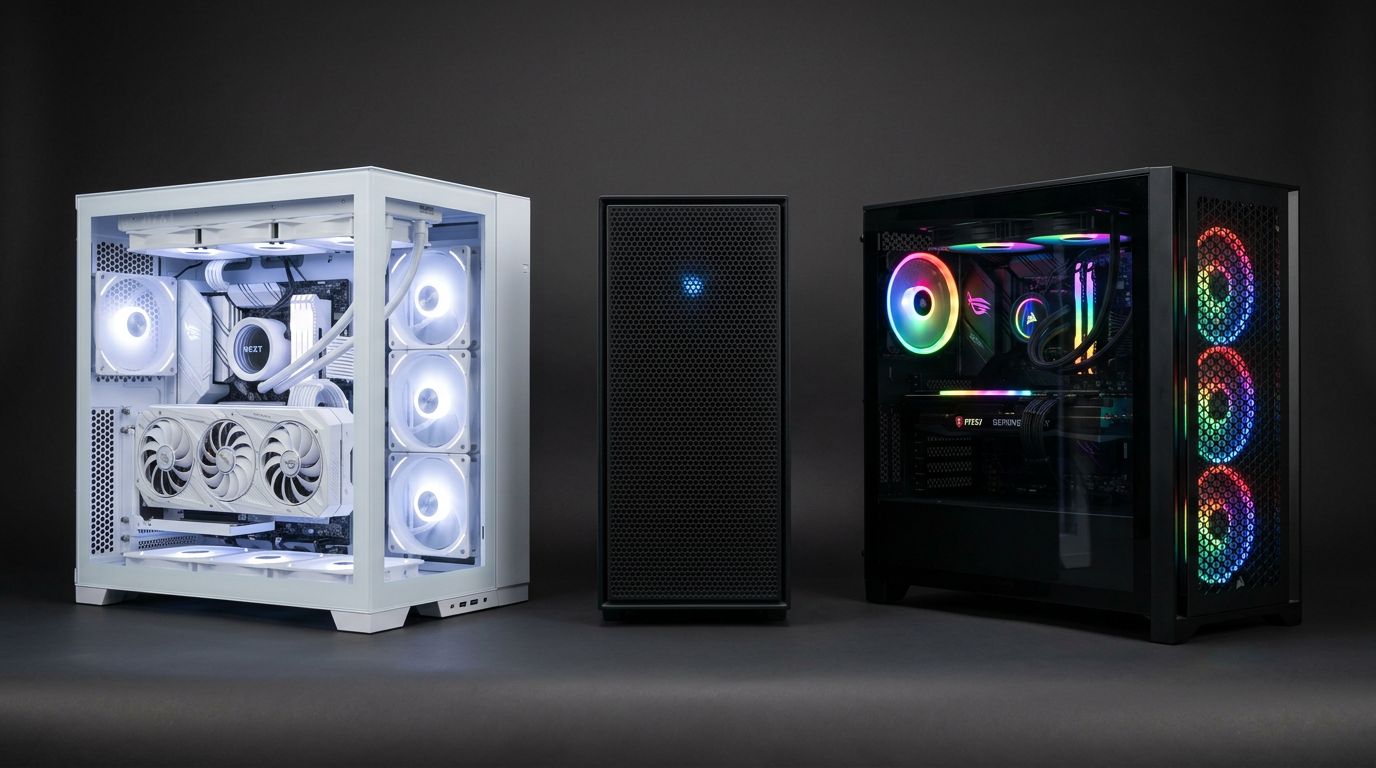 Custom, pre-built, and used: white angled custom PC with white GPU, slim black mesh pre-built center facing forward with blue accent, mesh RGB tower angled inward, dark seamless studio