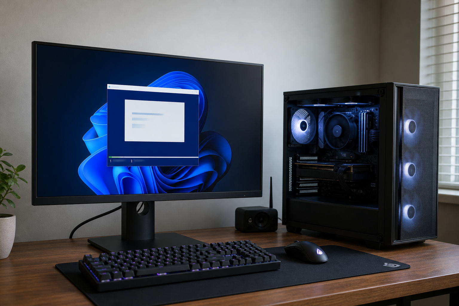 Monitor showing Windows setup on a freshly built gaming PC