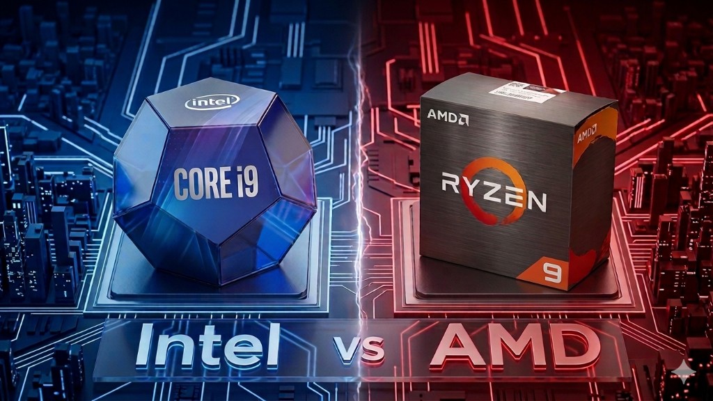 Intel versus AMD processor packaging comparison graphic